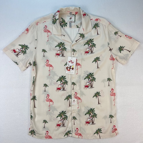 Christmas Holiday Shirt Beach Flamingos Mens MEDIUM Denim & Flower Ricky Singh - Picture 11 of 14